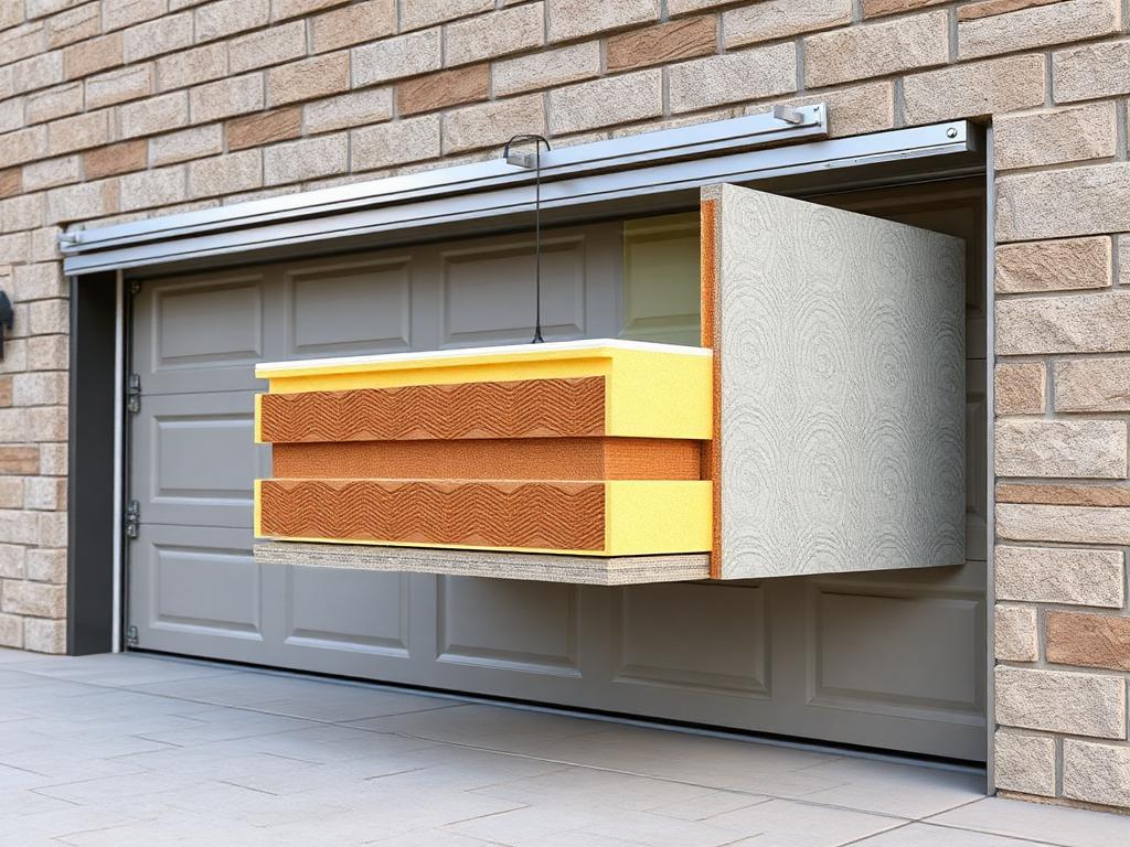 Cross-section of insulated garage door panel showing R-value insulation layers for energy efficiency
