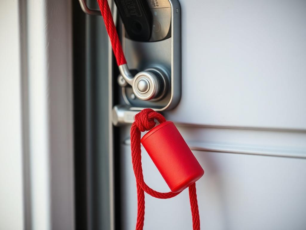 Garage door manual release mechanism with red emergency rope handle for family safety