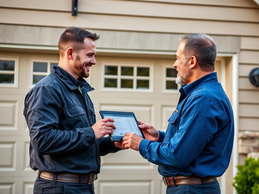 Professional garage door technician showing installation pricing consultation to homeowner