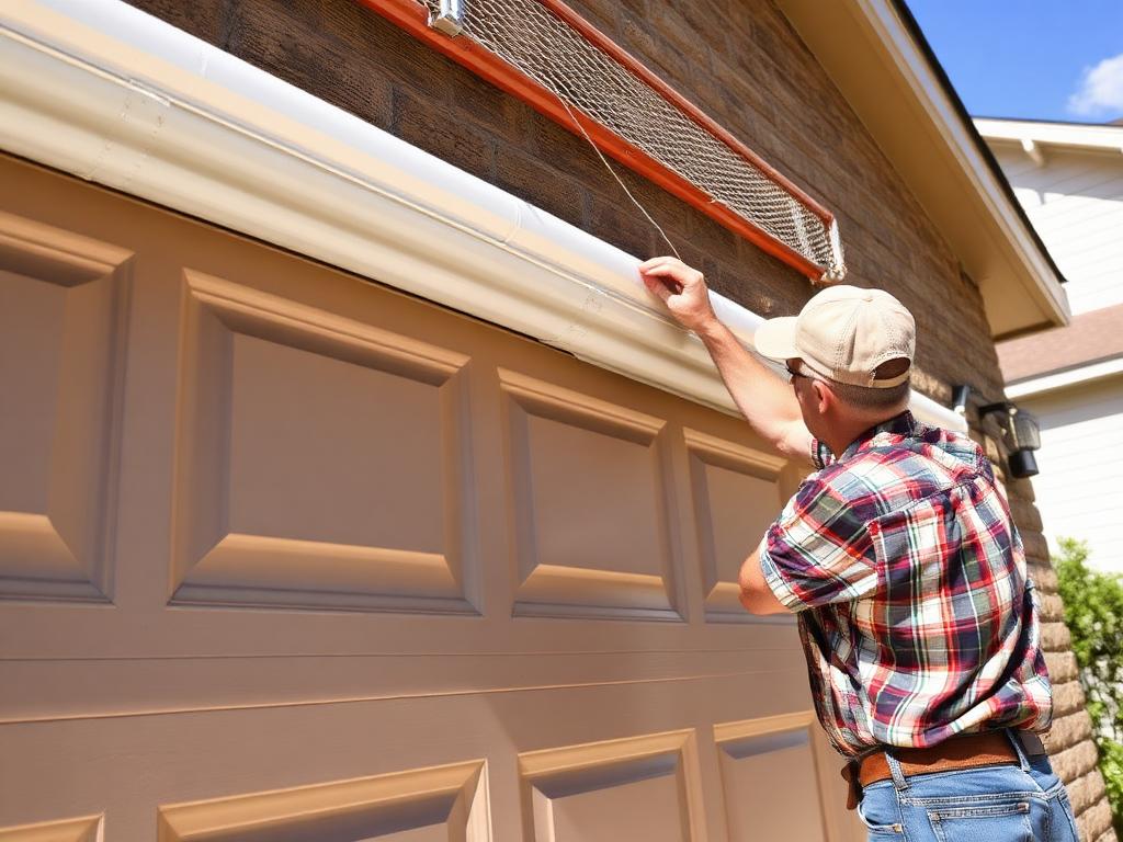 Homeowner inspecting garage door weatherstripping for summer preparation and maintenance
