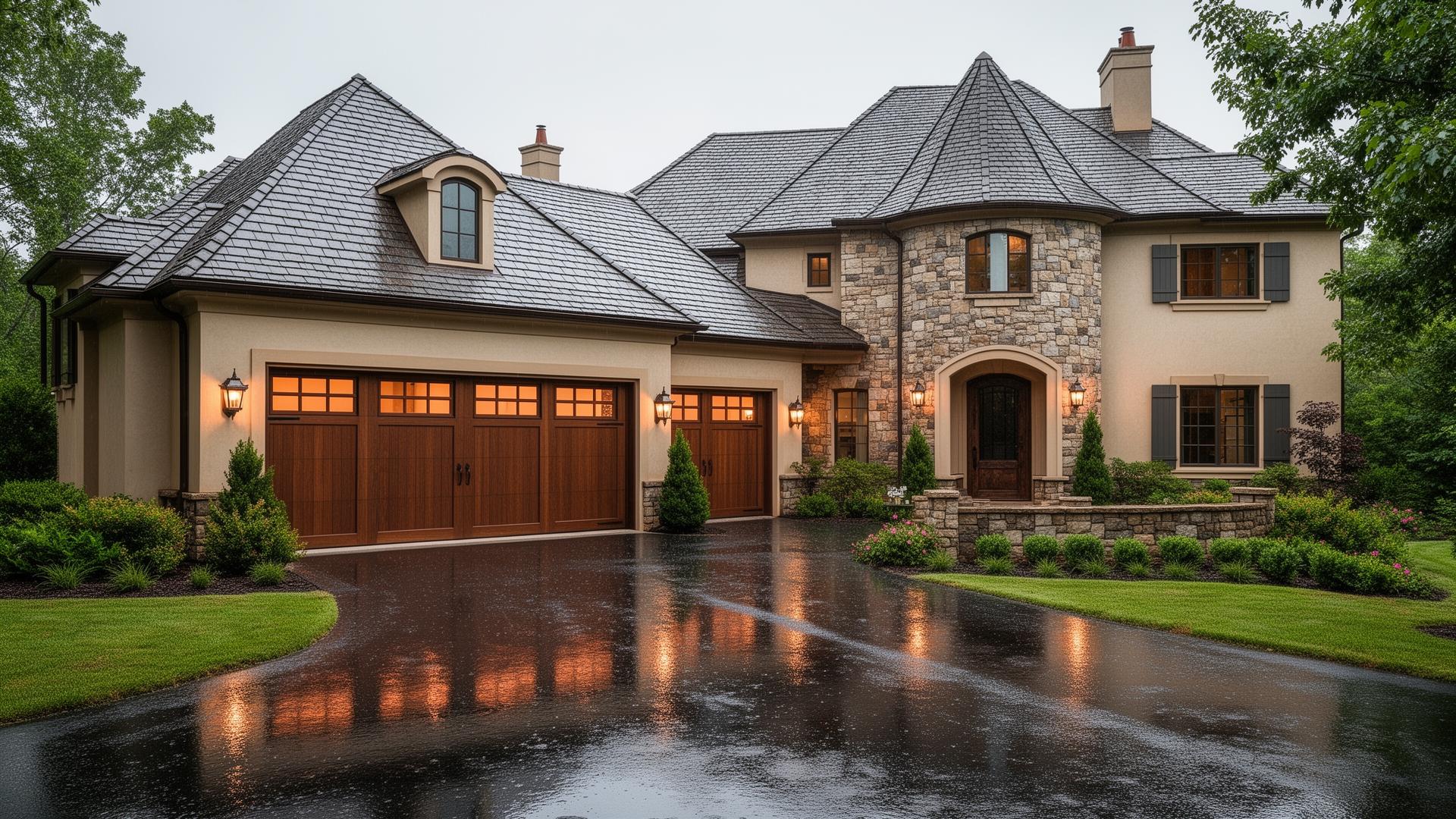 Professional craftsman style garage doors on luxury French country estate in South Boston