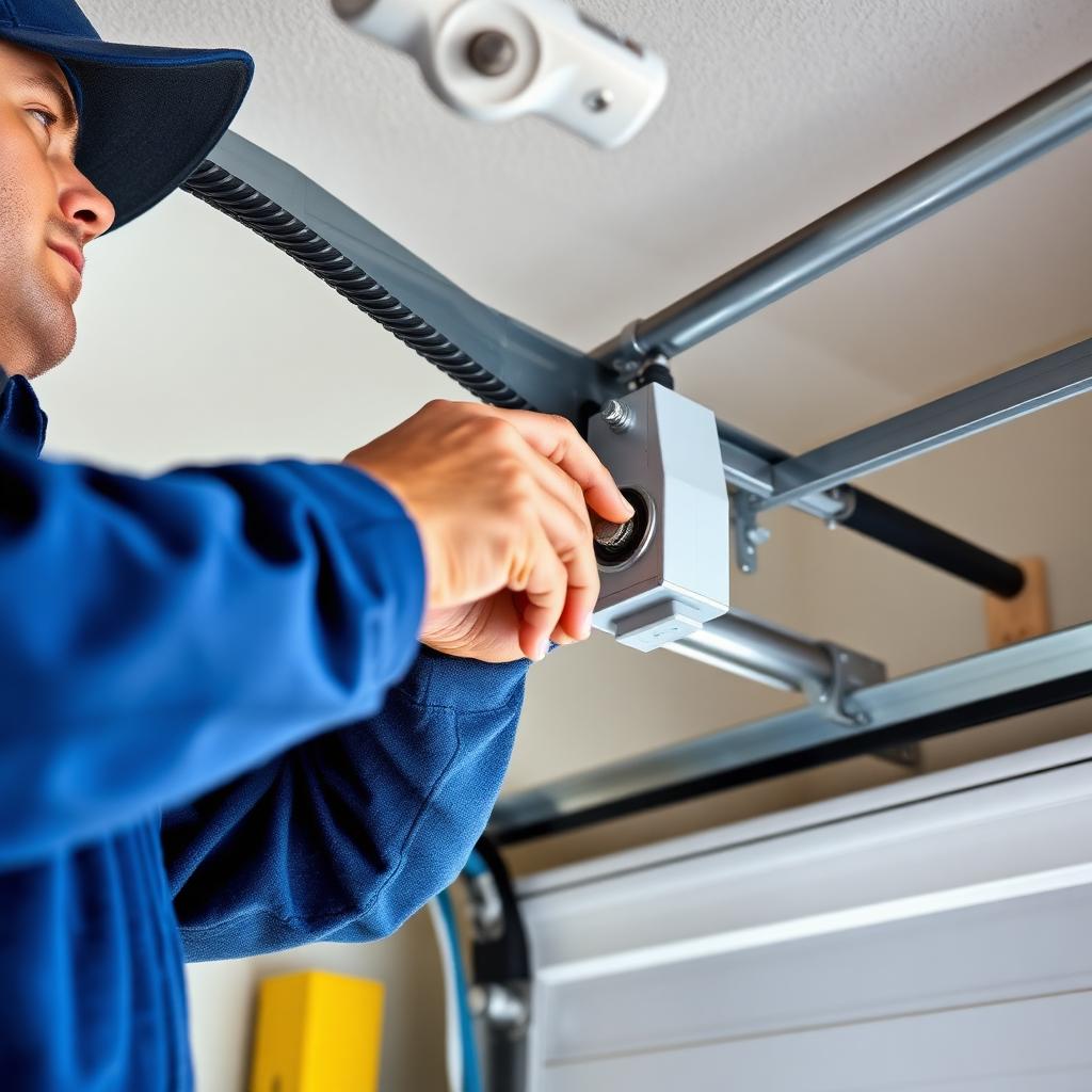 Professional garage door technician performing roller replacement and track repair